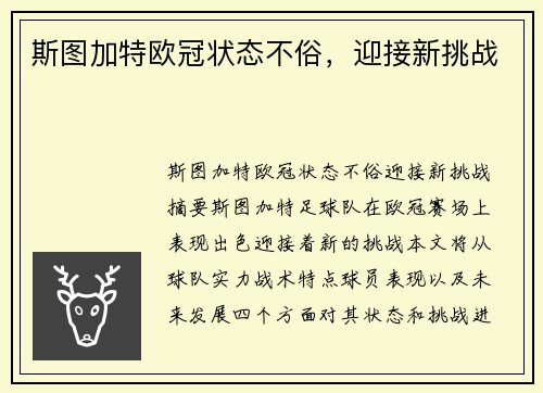 斯图加特欧冠状态不俗，迎接新挑战